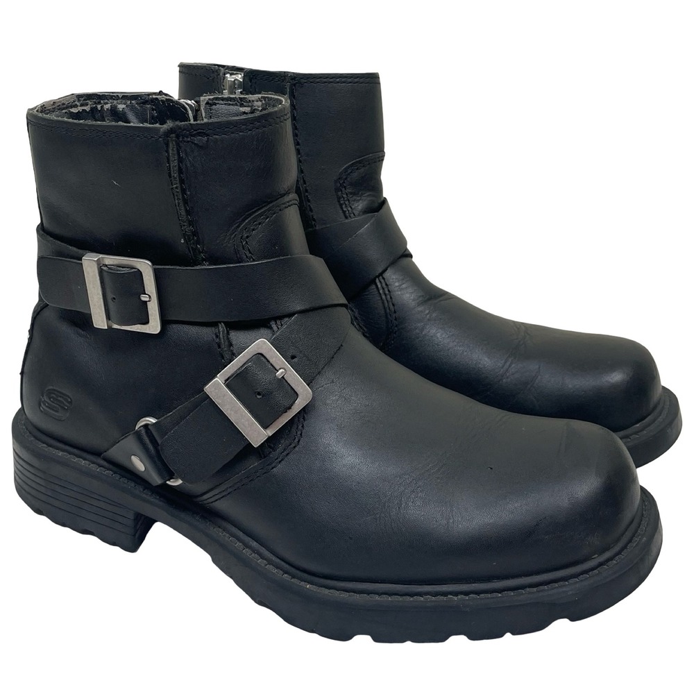 Vintage Skechers Jammers Biker Boots Women 8.5 Black Leather Buckle Moto Y2K